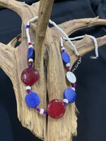 AC01-4869-23 white bone, cherry quartz & blue beads necklace