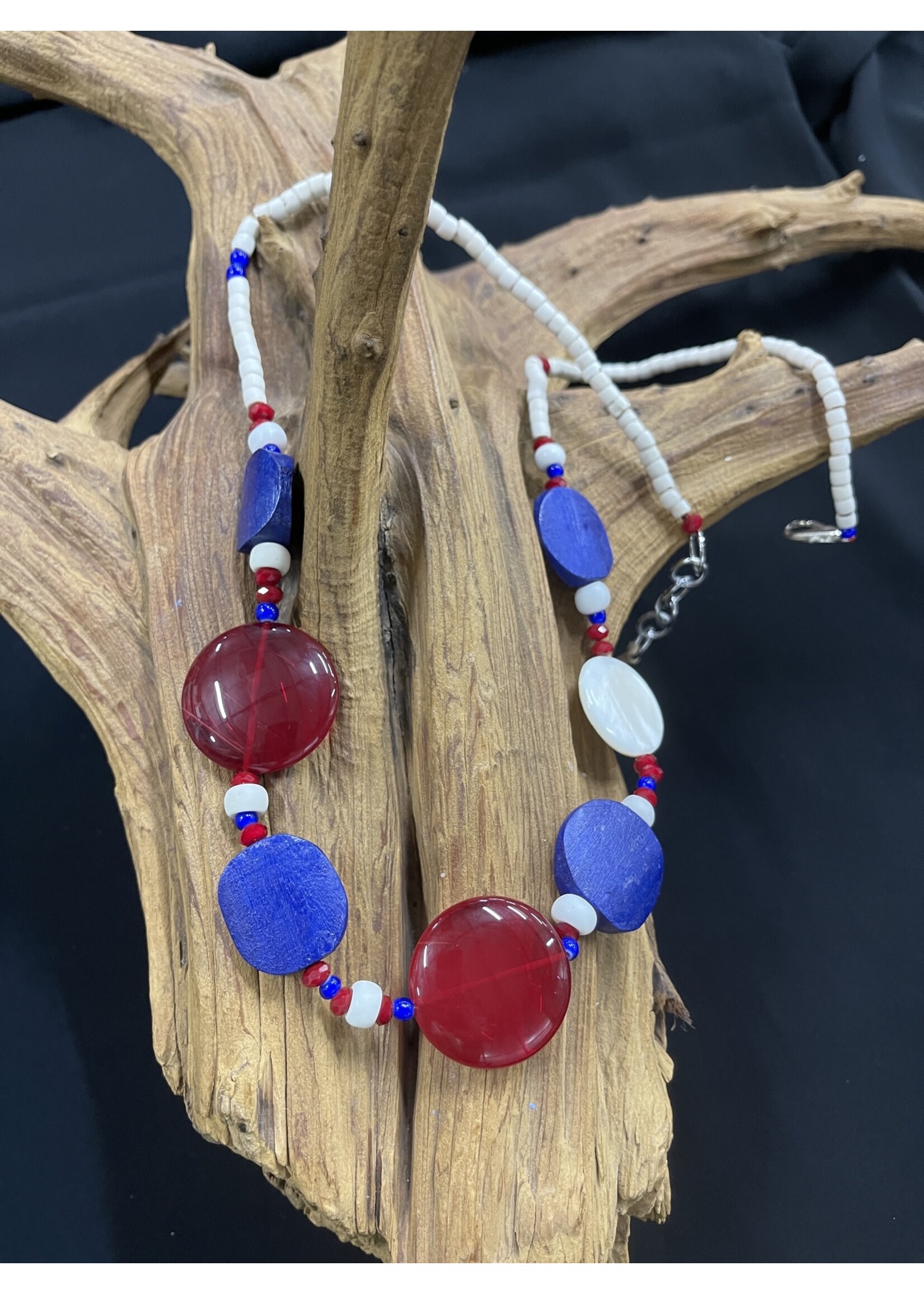 AC01-4869-23 white bone, cherry quartz & blue beads necklace