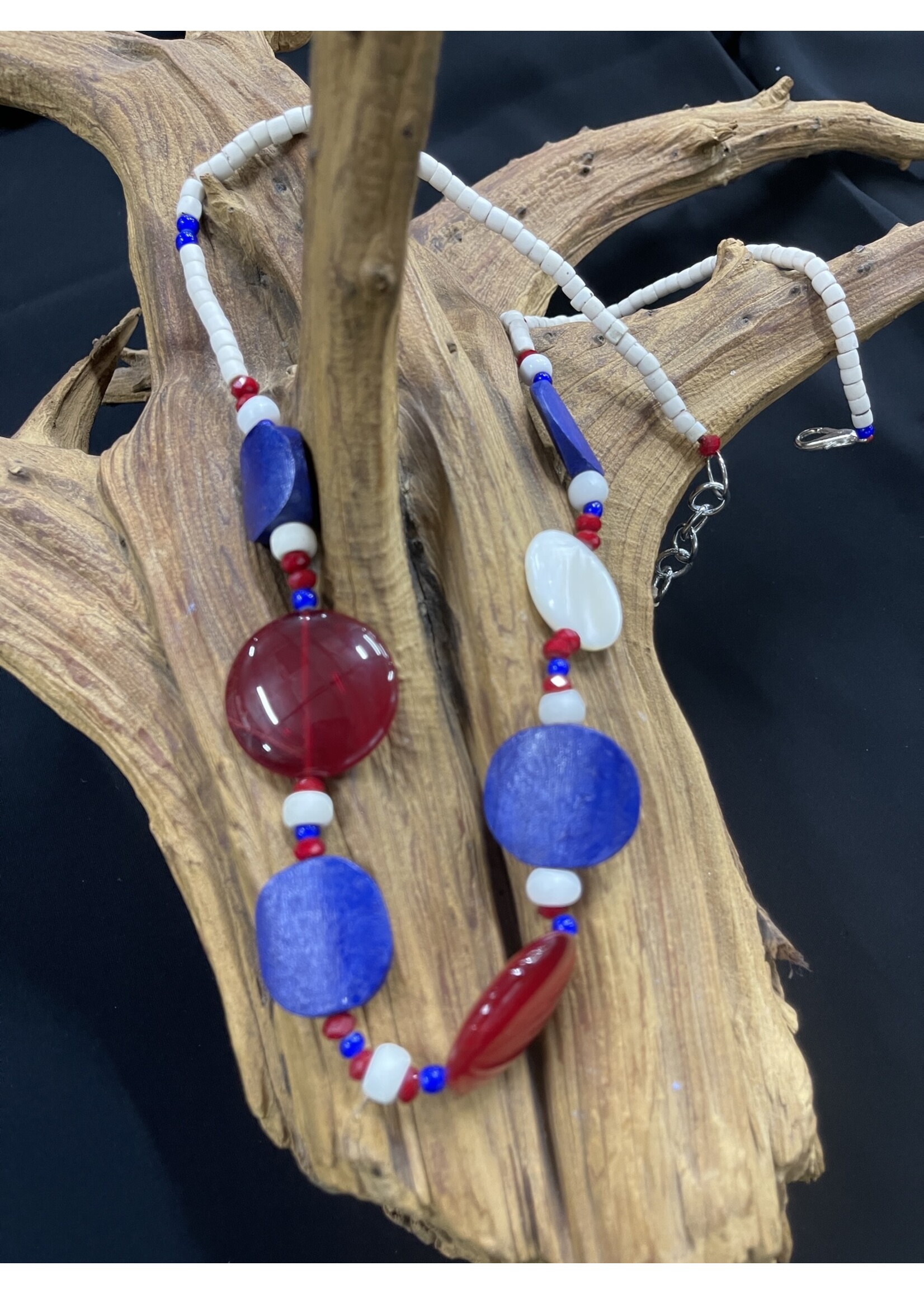 AC01-4869-23 white bone, cherry quartz & blue beads necklace