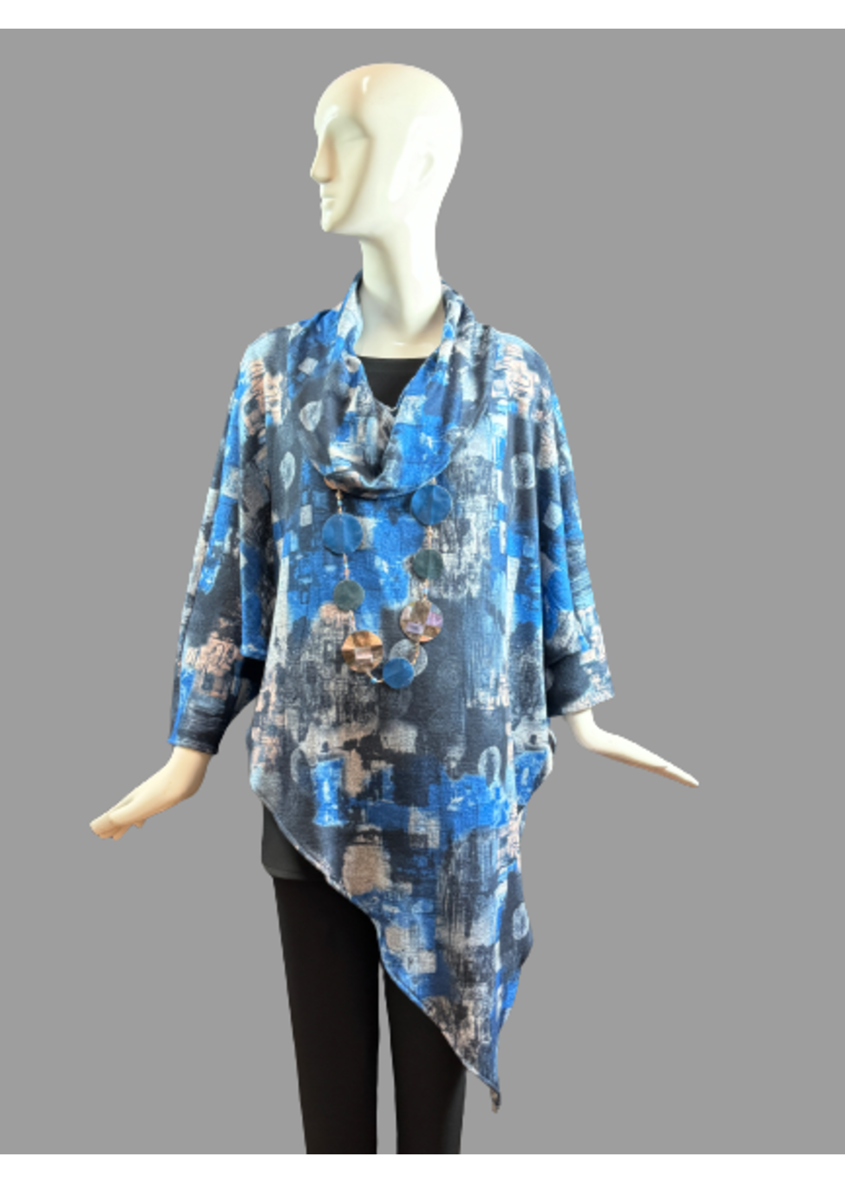 C848-ST379-O/S Asymetrical Royal Blue & black Print Tunic O/S