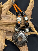 AC01-4952-24  Gunmetal Pendant ,orange & black Necklace