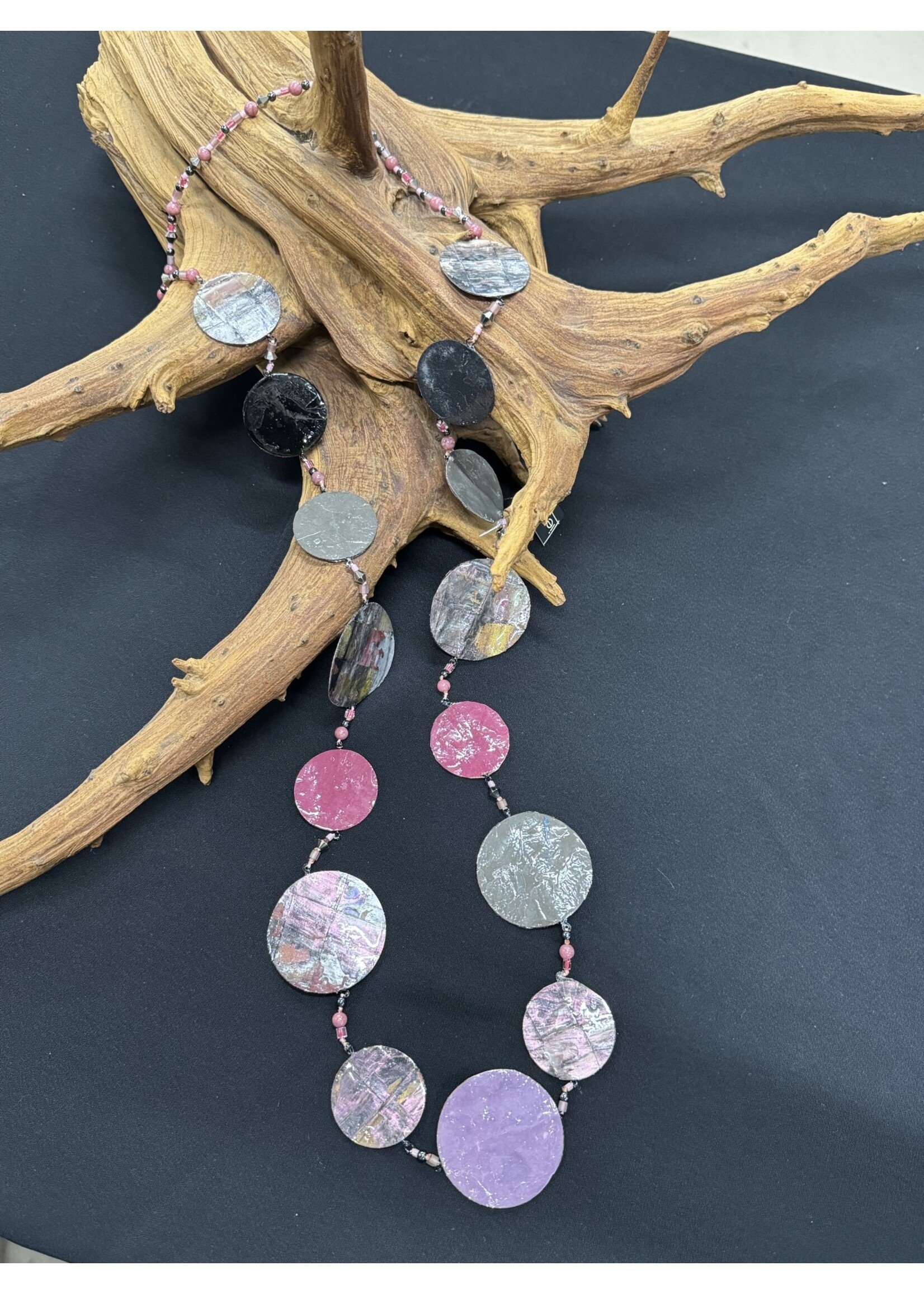 AC01-4928-23 Pink, lilac & gray Paper art Long Necklace