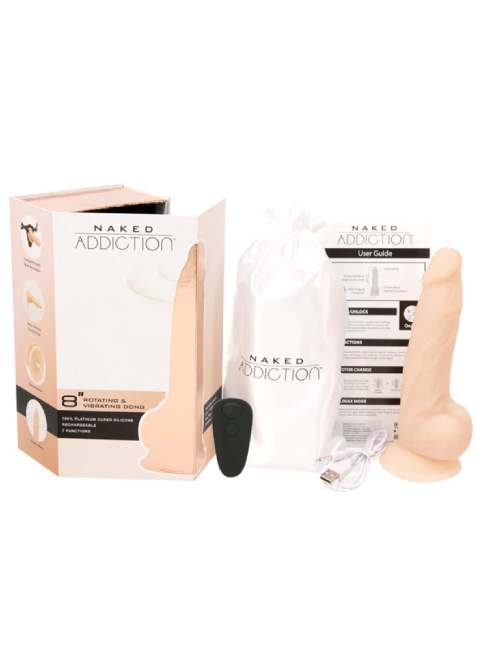 Naked Addiction 8" Rotating & Vibrating Dildo with Remote – Vanilla