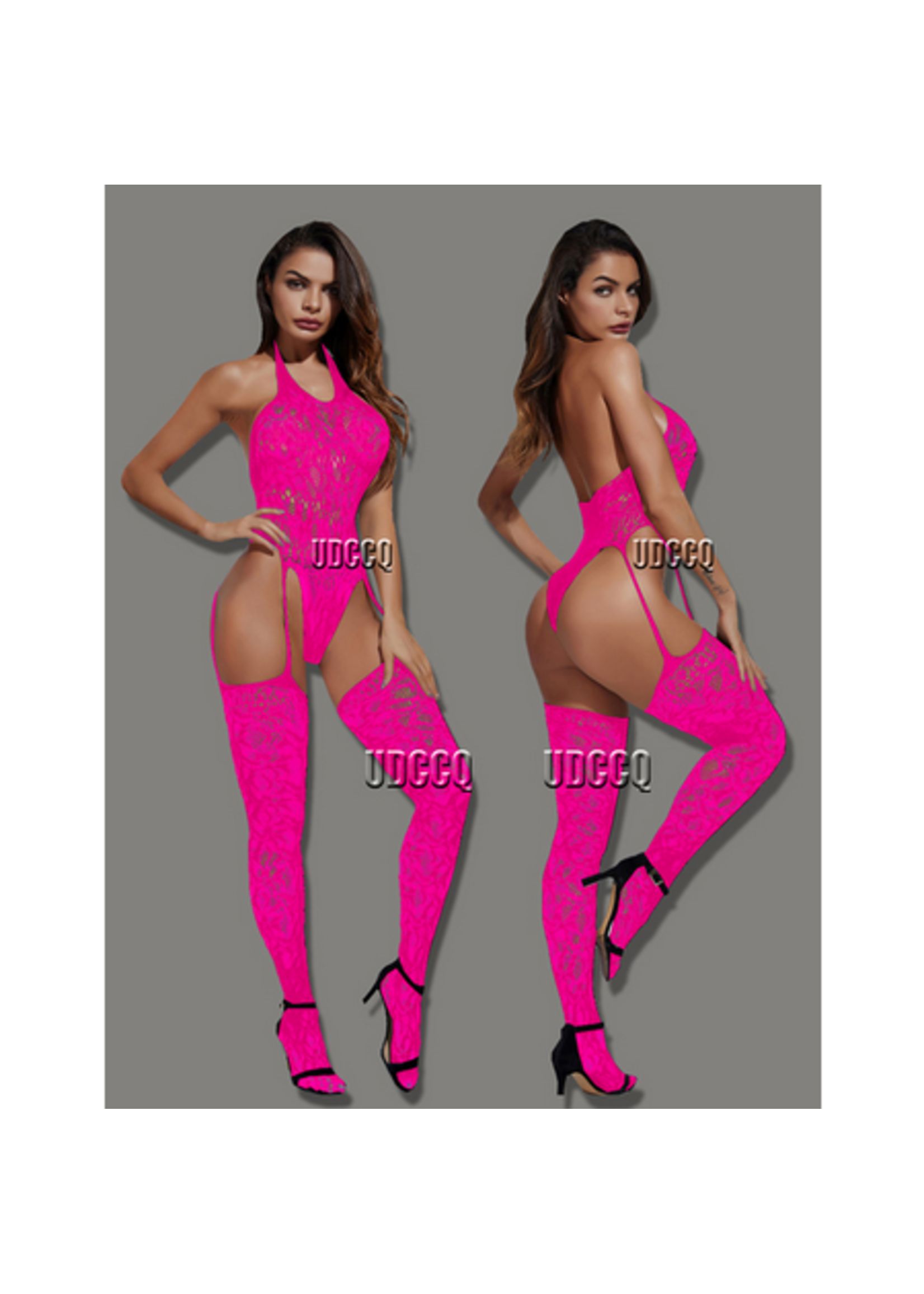 Lace Hot Pink Bodysuit w/ stockings O/S