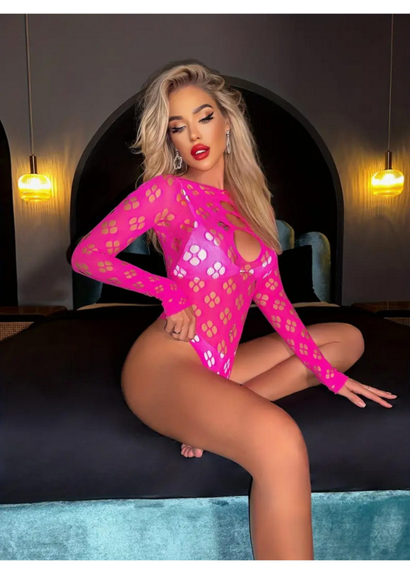 Pink  Long Sleeve Fishnet Teddy