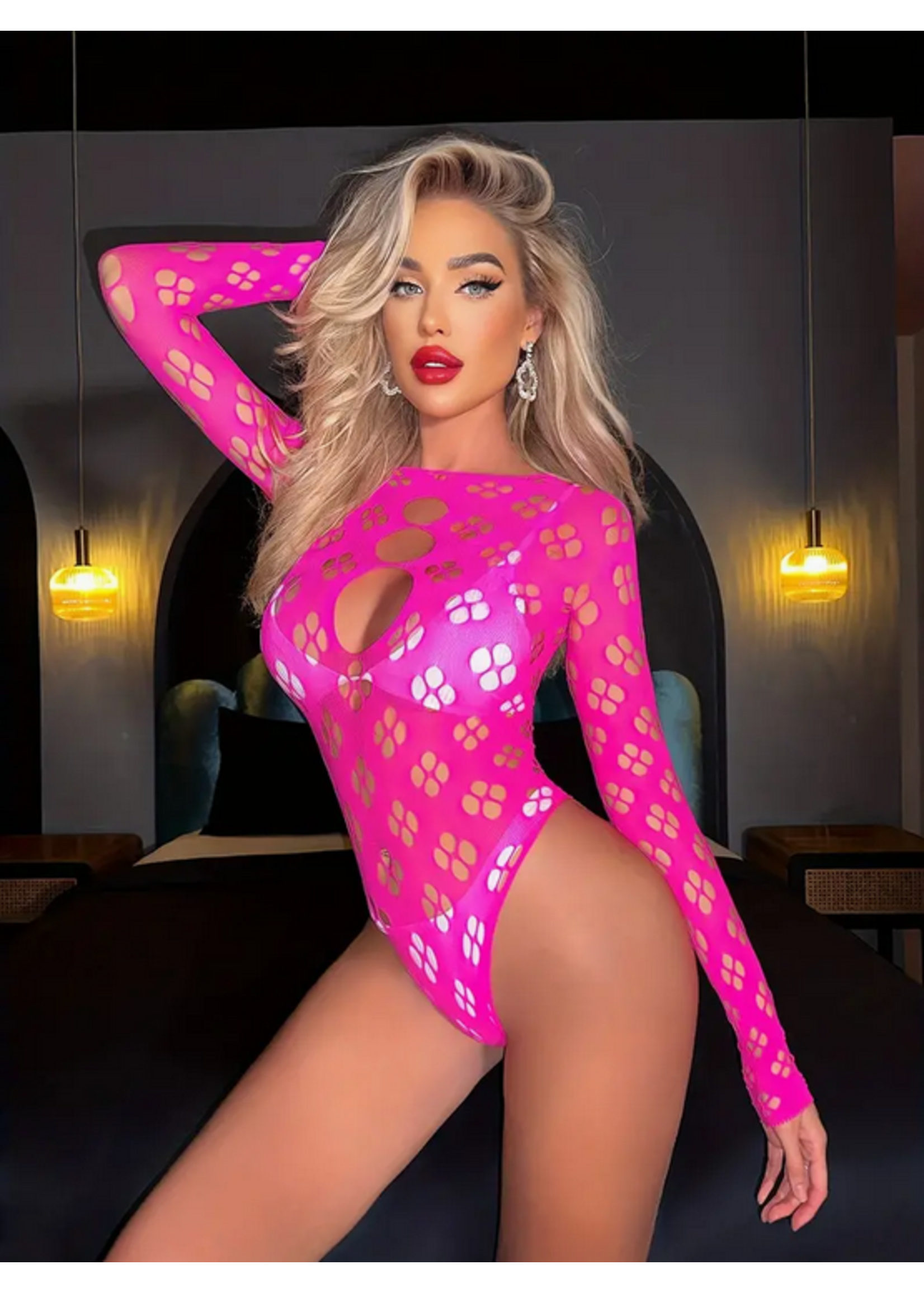 Pink  Long Sleeve Fishnet Teddy