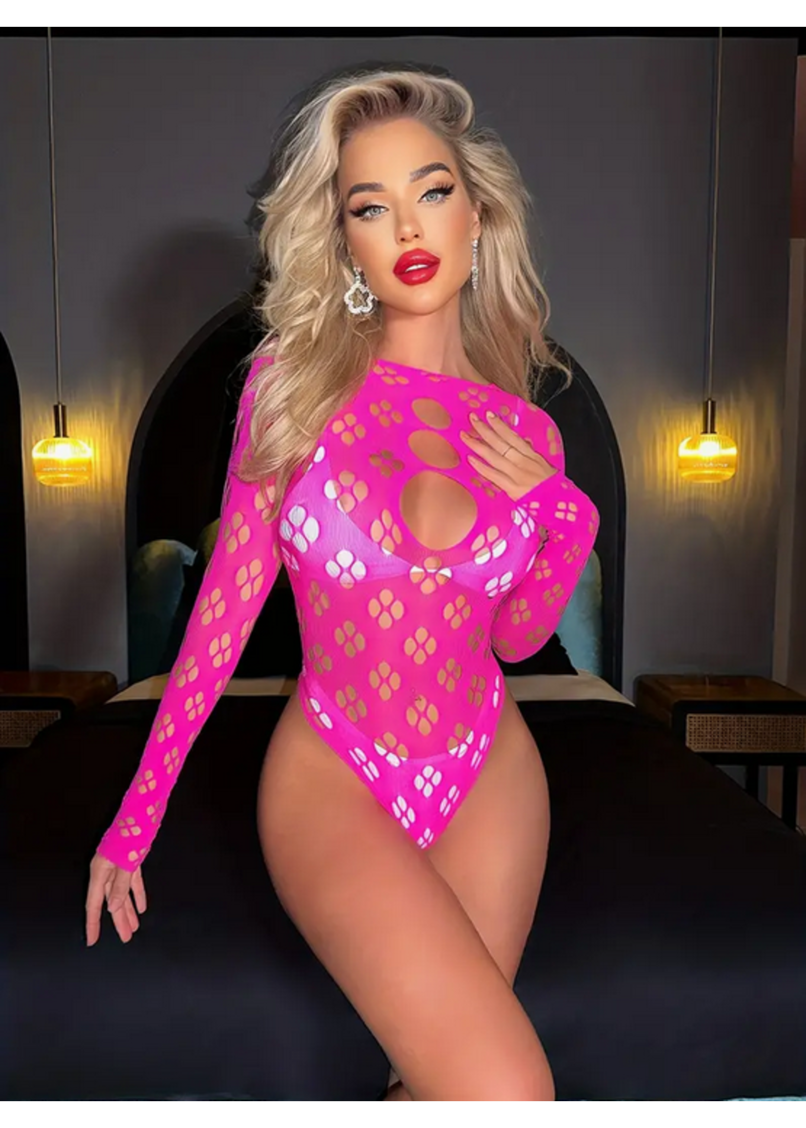 Pink  Long Sleeve Fishnet Teddy