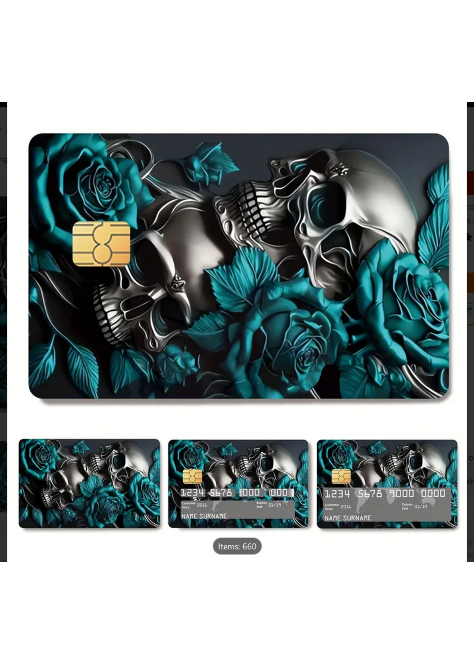 Teal Rose Skulls Credit Debit Card Sticker Cover