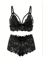 Floral Lace Scalloped Sexy Lingerie Black Queen Set