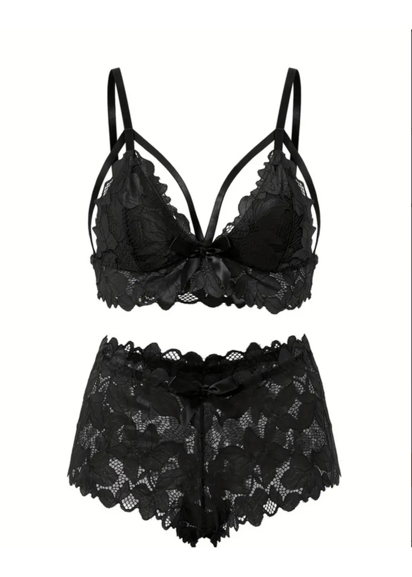 Floral Lace Scalloped Sexy Lingerie Black Queen Set