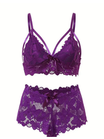 Floral Lace Scalloped Sexy Lingerie Purple Queen Set