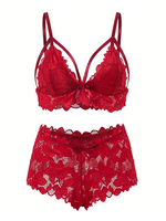 Floral Lace Scalloped Sexy Lingerie Red Queen Set