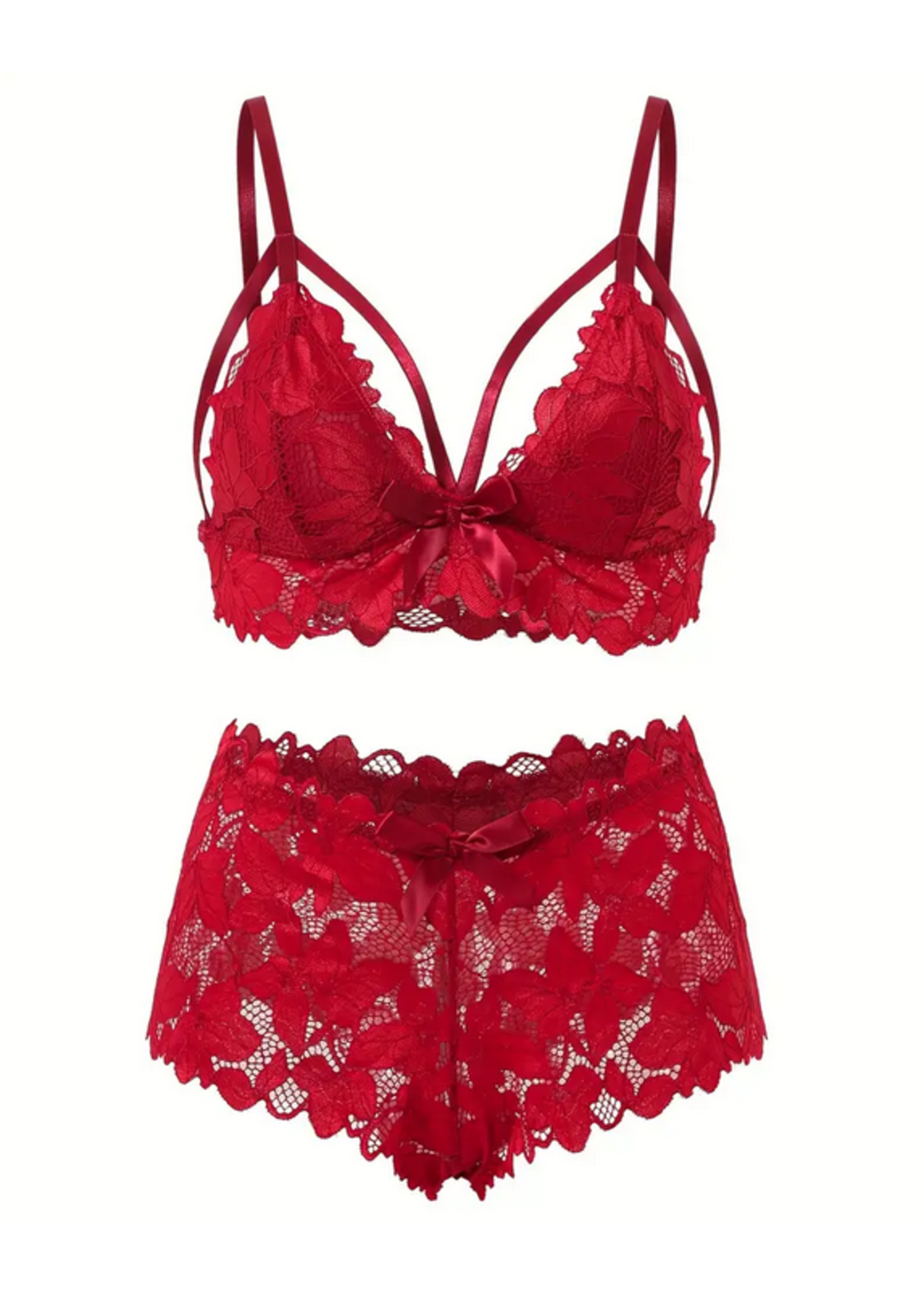 Floral Lace Scalloped Sexy Lingerie Red Queen Set