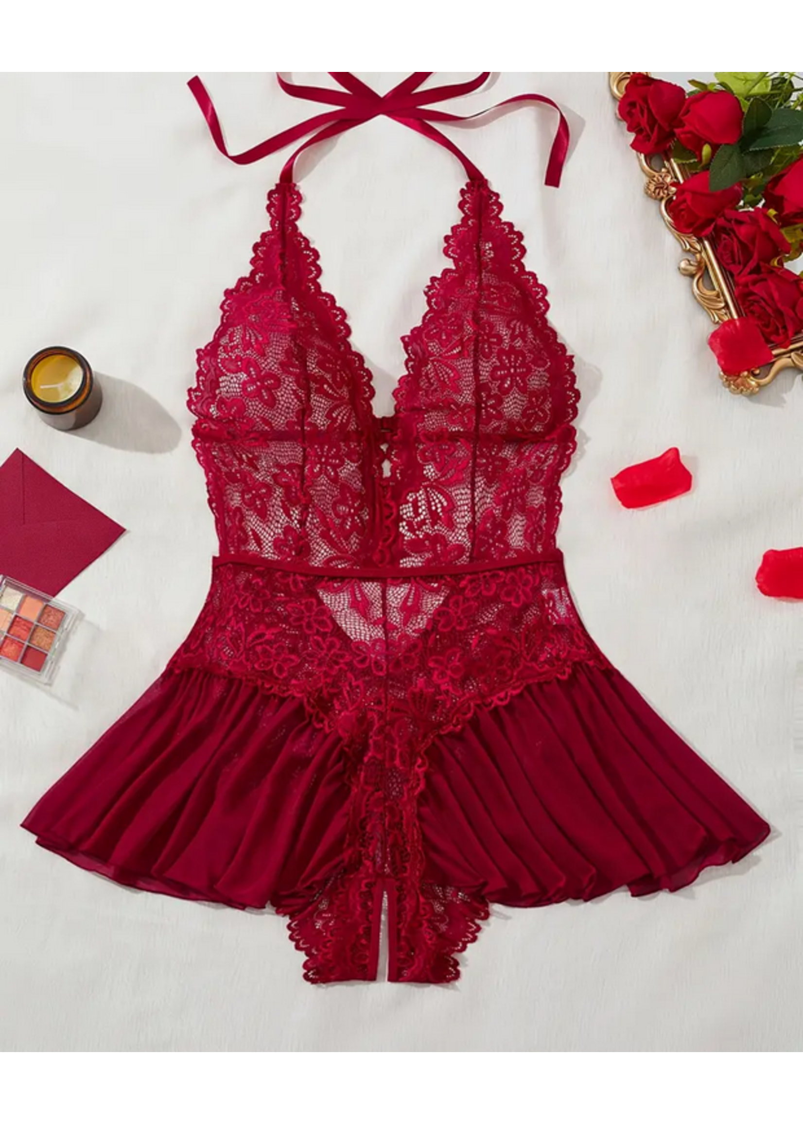 Red Halter Crotchless Bodysuit