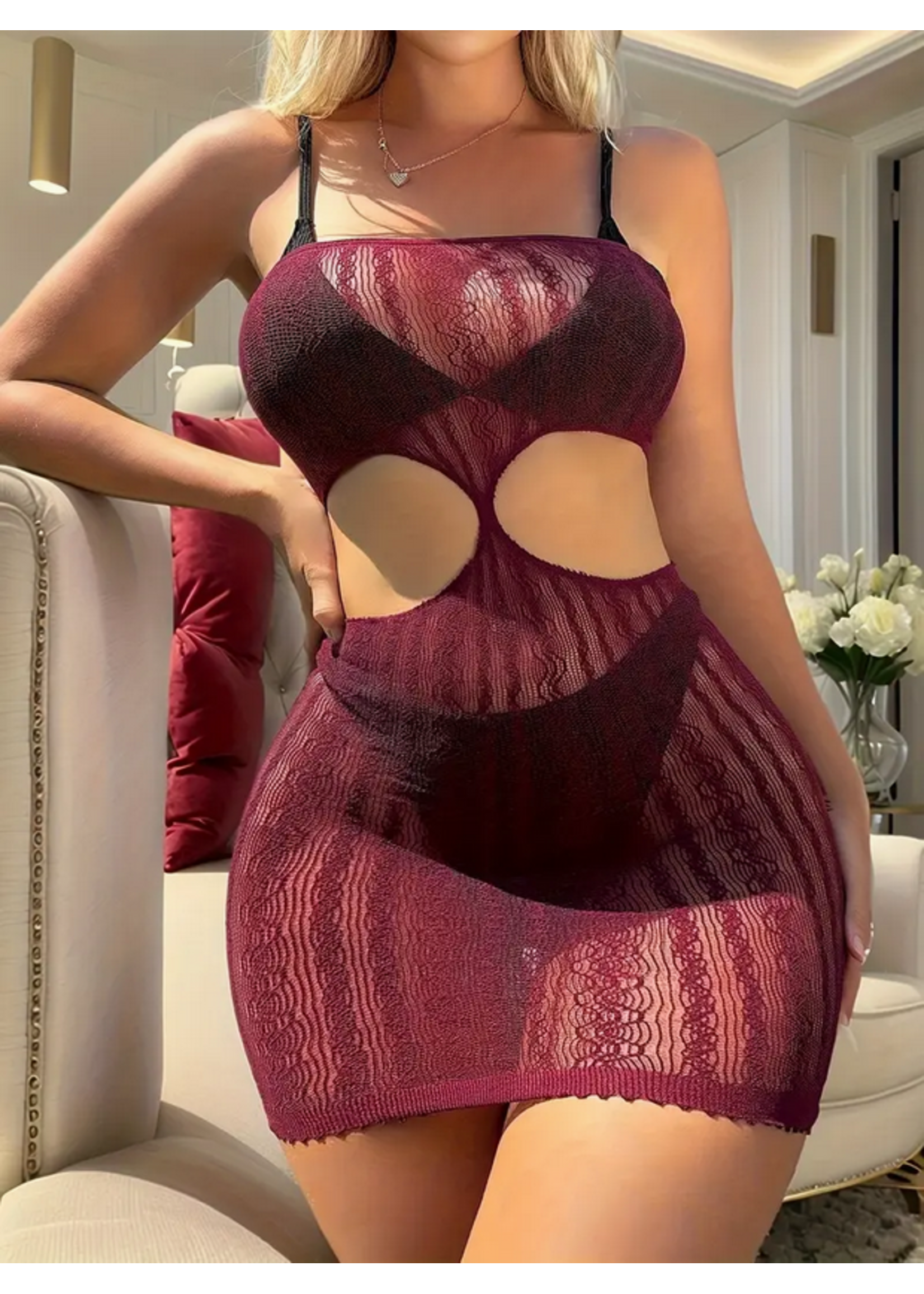Maroon Bodycon Mesh Dress