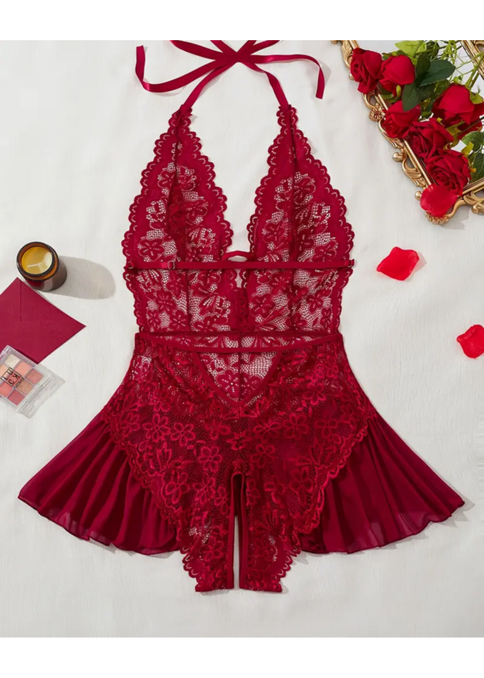 Red Halter Crotchless Bodysuit