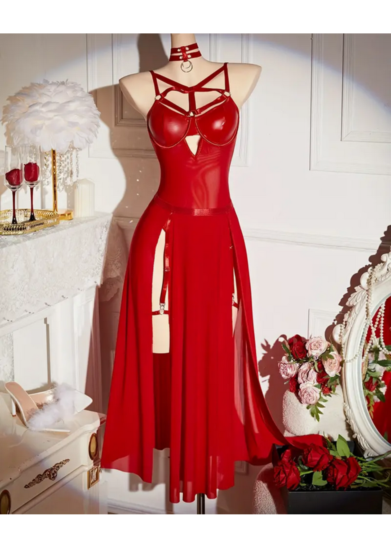 Red Pleather & Sheer Skirt Lingerie Set