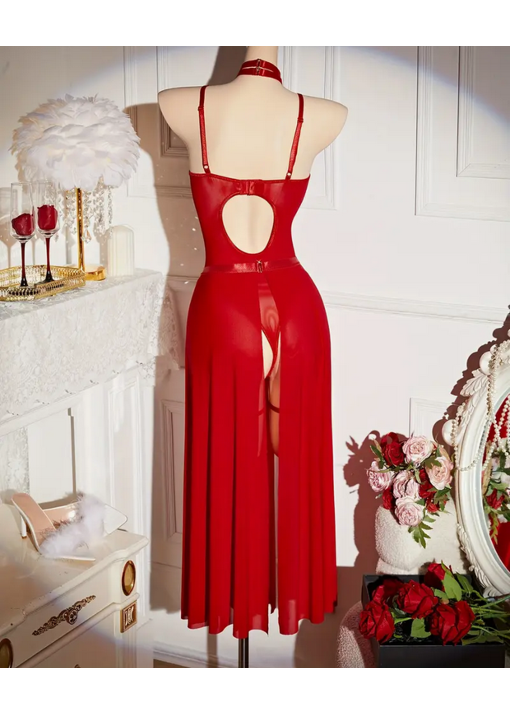 Red Pleather & Sheer Skirt Lingerie Set