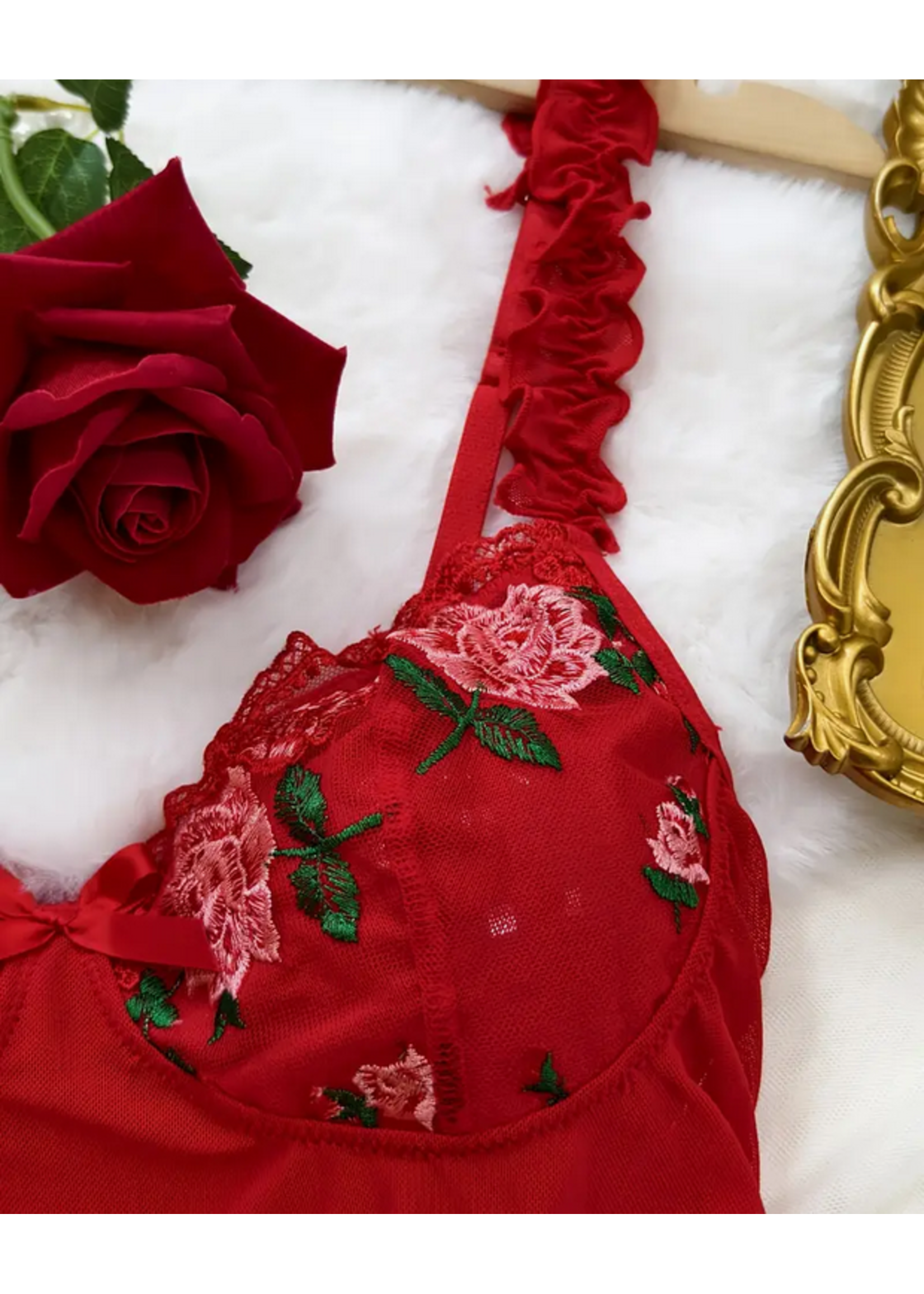Clearance Red Sheer Floral Lingerie