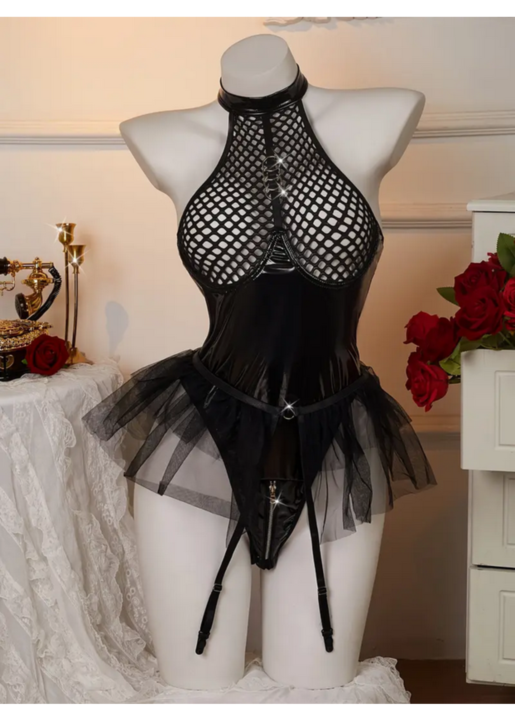Sexy Mesh Halter Lingerie with Tulle Skirt Black SM