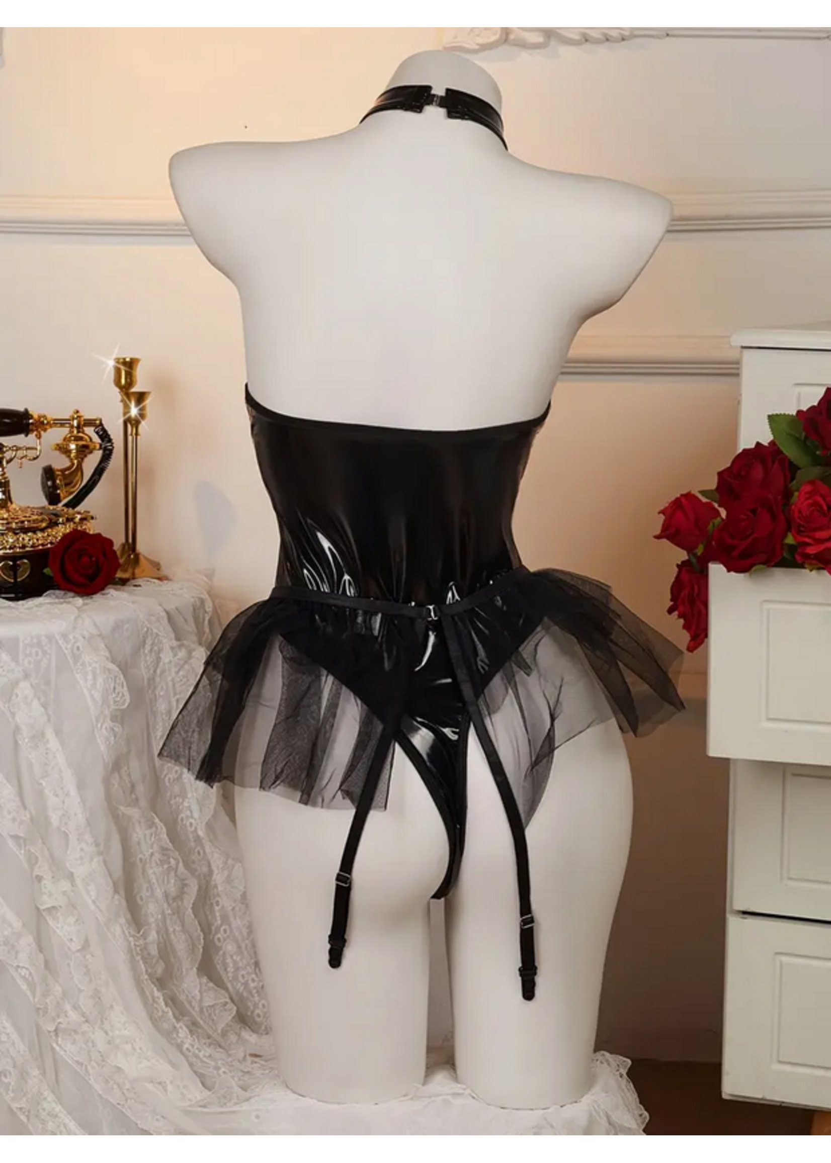 Sexy Mesh Halter Lingerie with Tulle Skirt Black SM