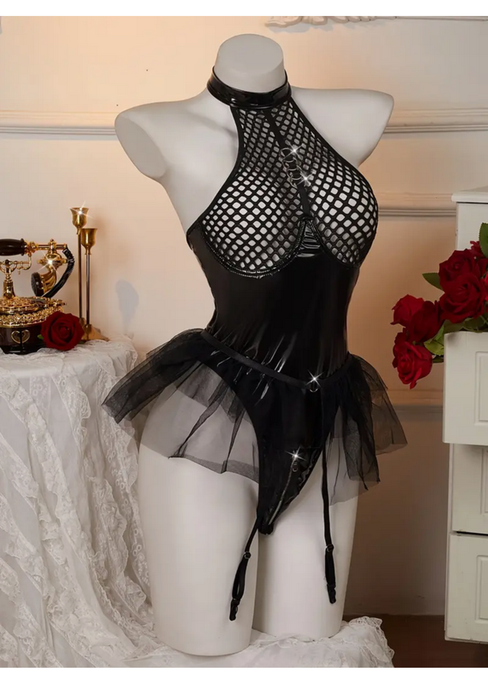 Sexy Mesh Halter Lingerie with Tulle Skirt Black SM