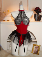 Sexy Mesh Halter Lingerie with Tulle Skirt Red/Black MED