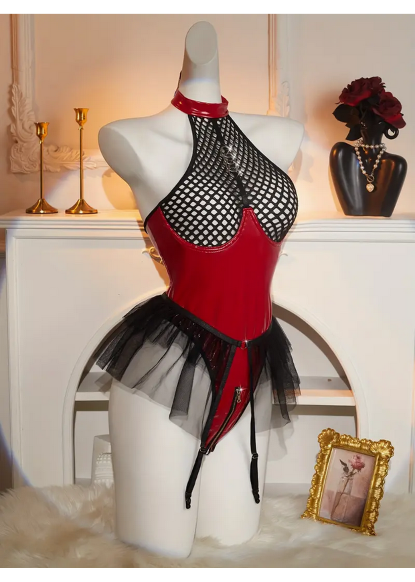 Sexy Mesh Halter Lingerie with Tulle Skirt Red/Black MED