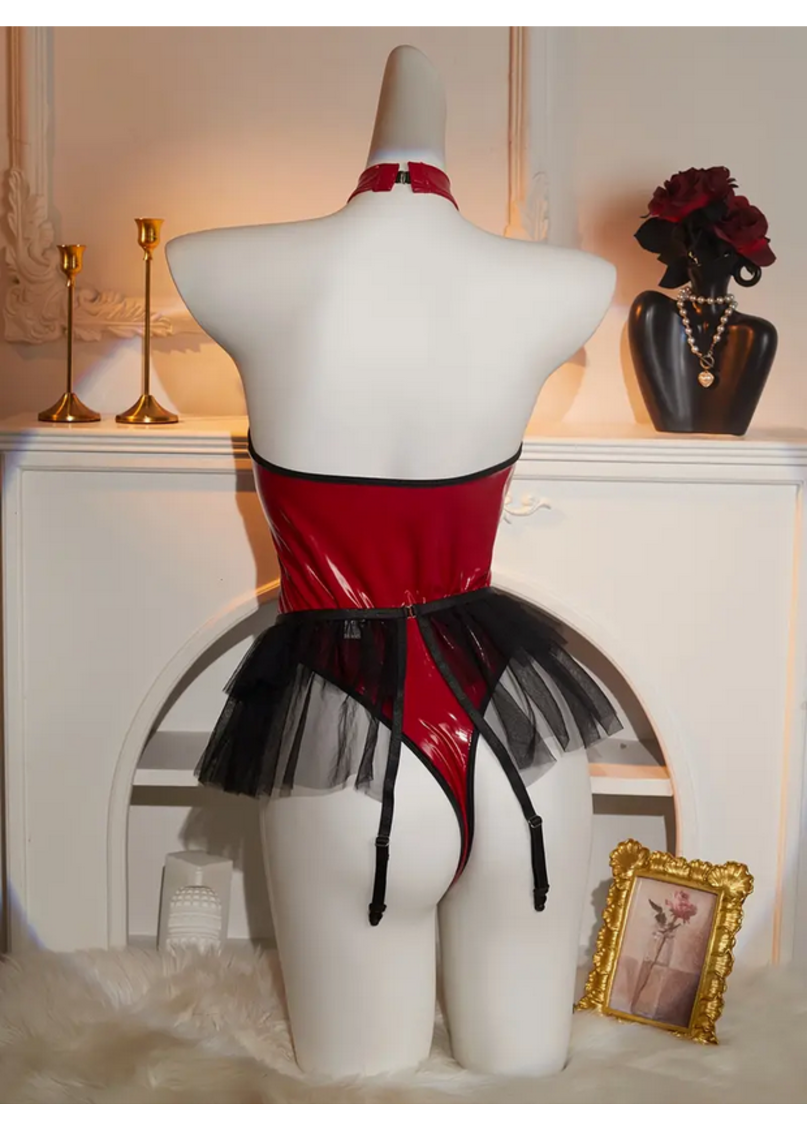 Sexy Mesh Halter Lingerie with Tulle Skirt Red/Black MED