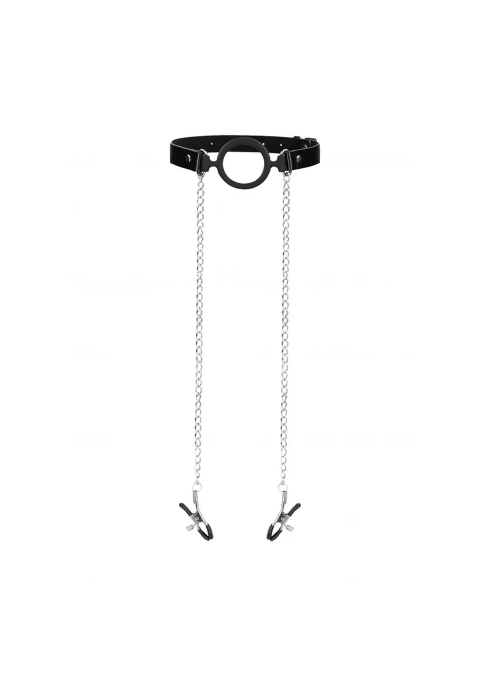 Ouch! O-Ring Gag w Nipple Clamps - Black