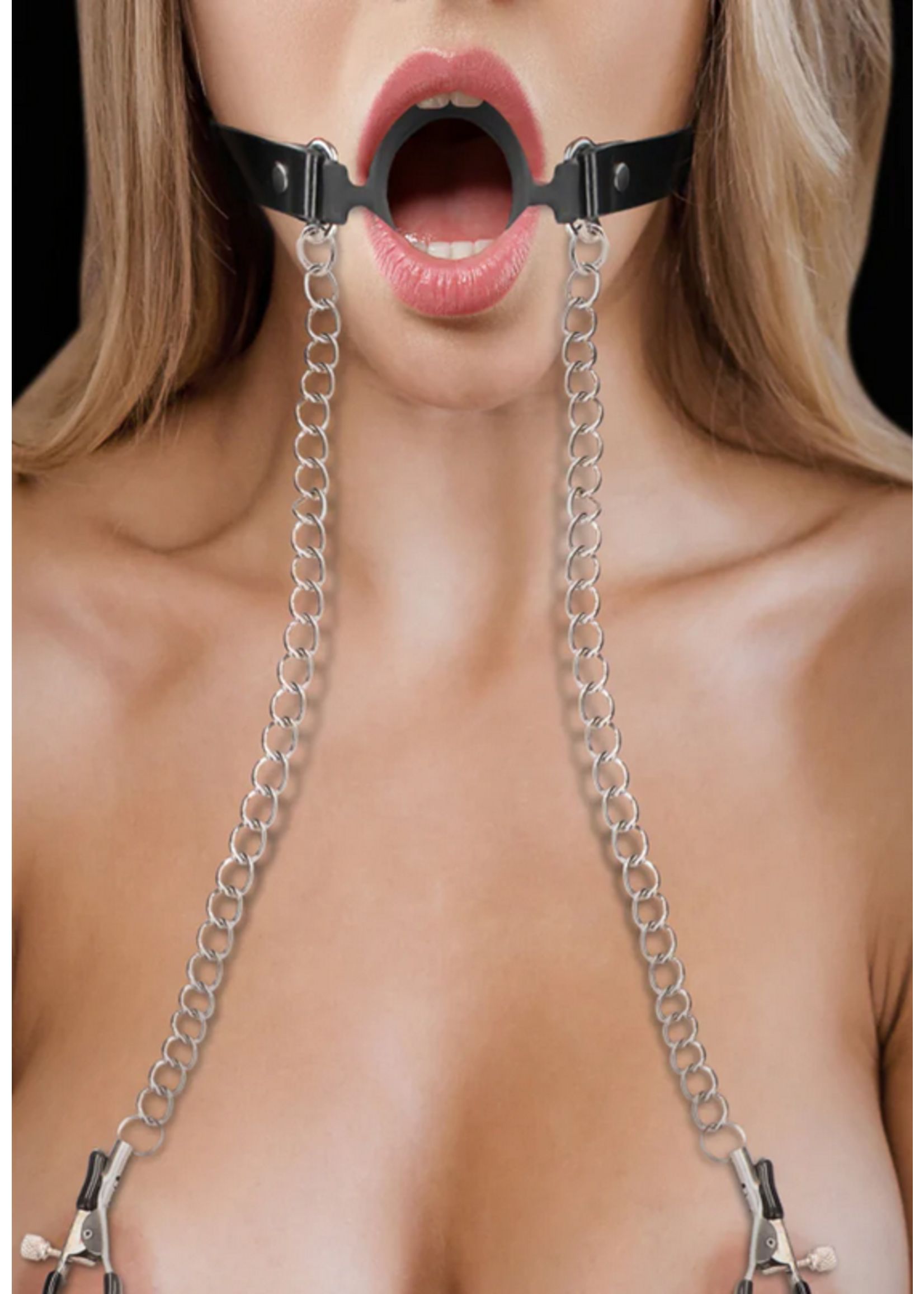 Ouch! O-Ring Gag w Nipple Clamps - Black