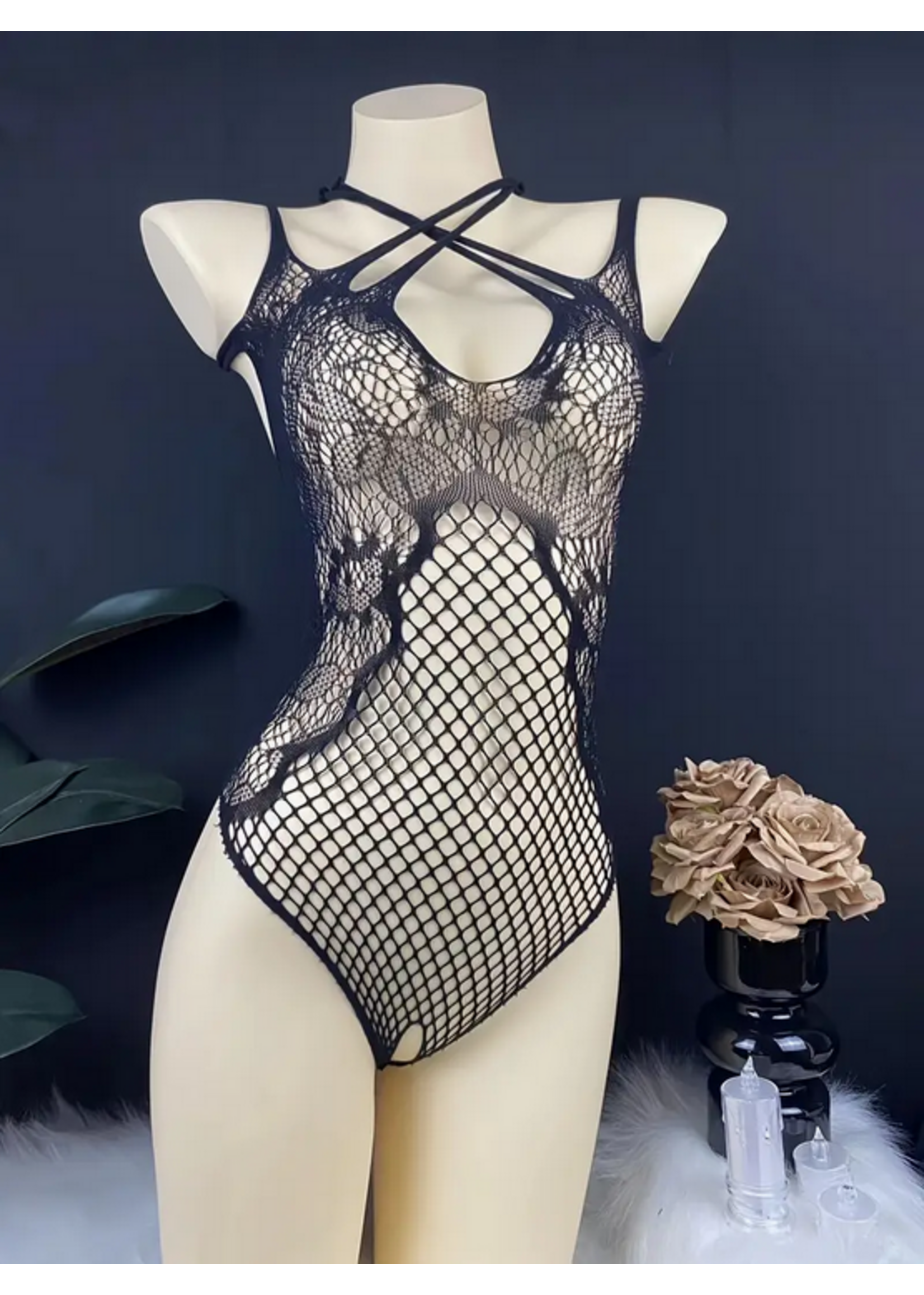 Black Crotchless Lace Bodysuit