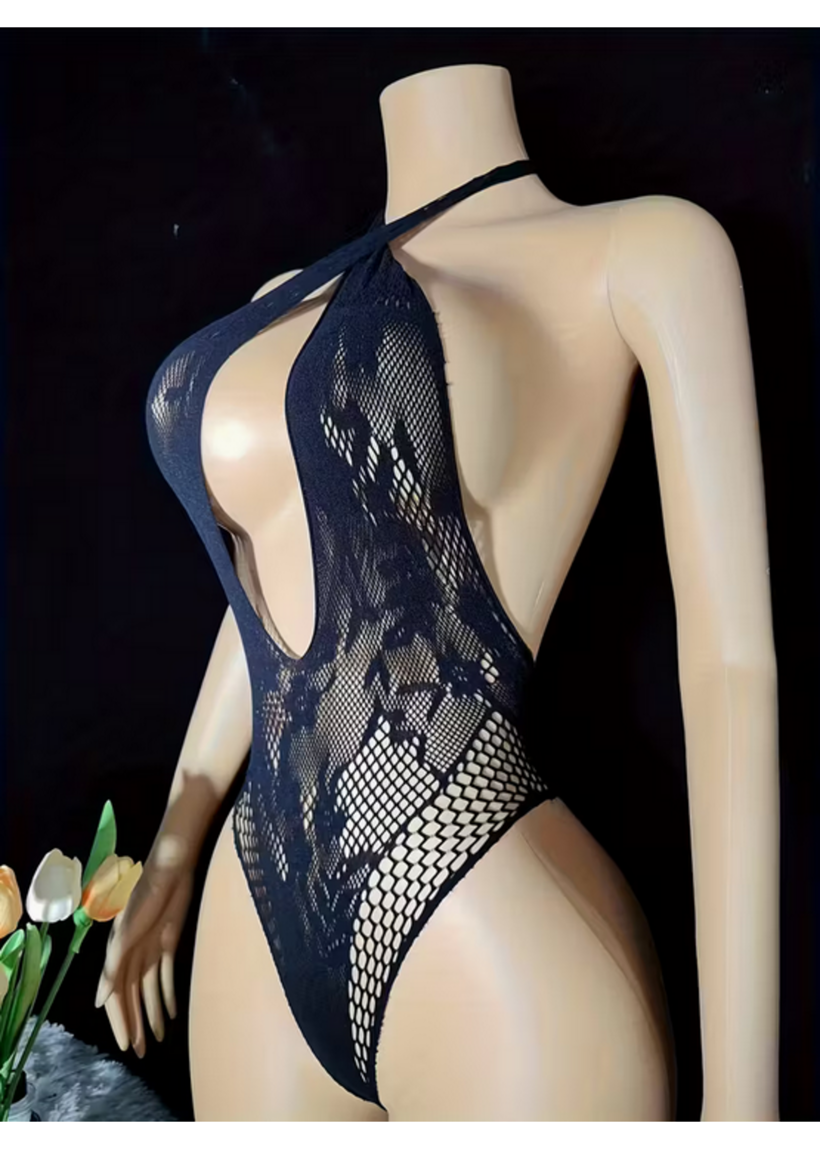 Black Open Chest Bodysuit