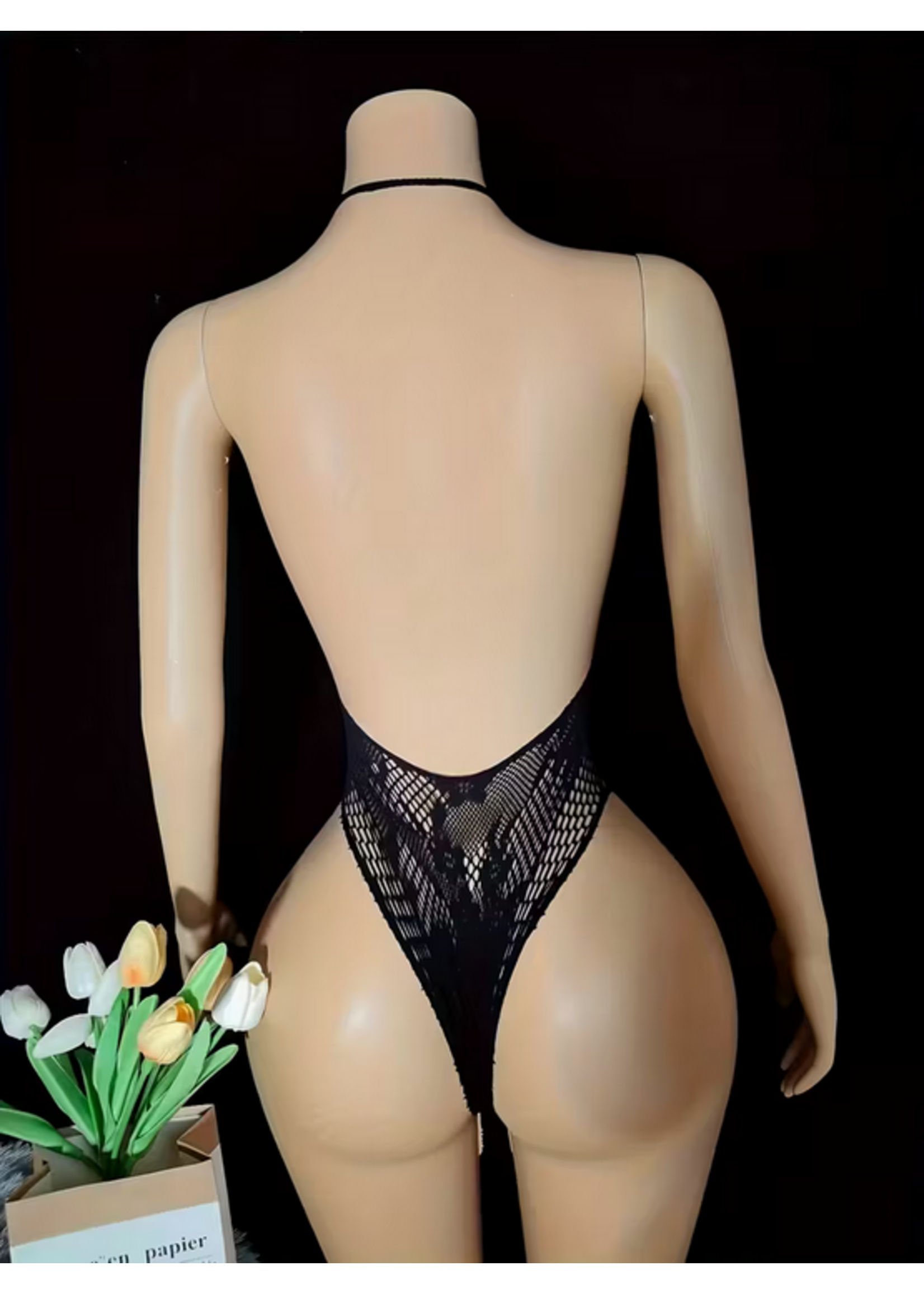 Black Open Chest Bodysuit