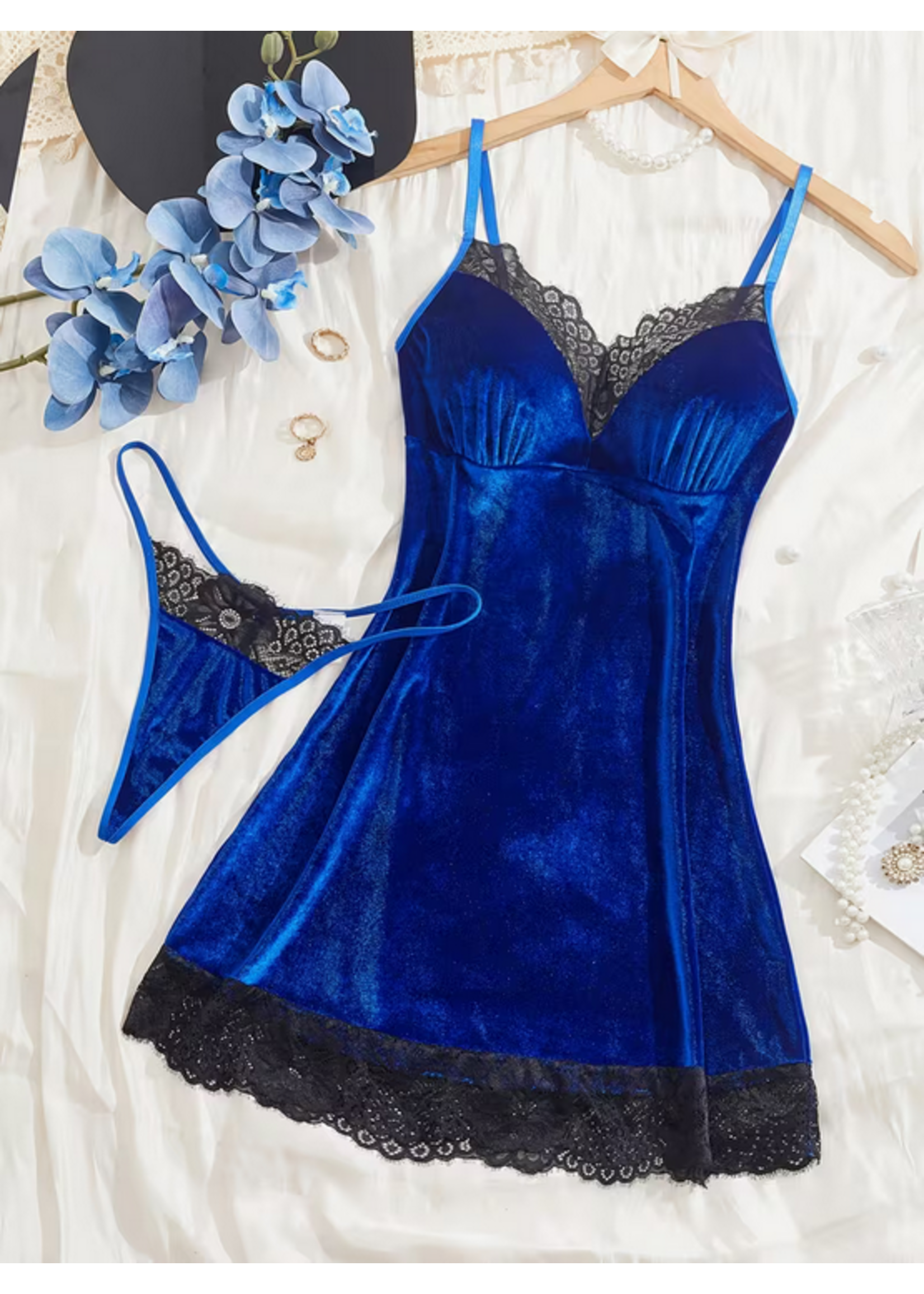 Sexy Blue Velvet Slip Dress w/ Panties