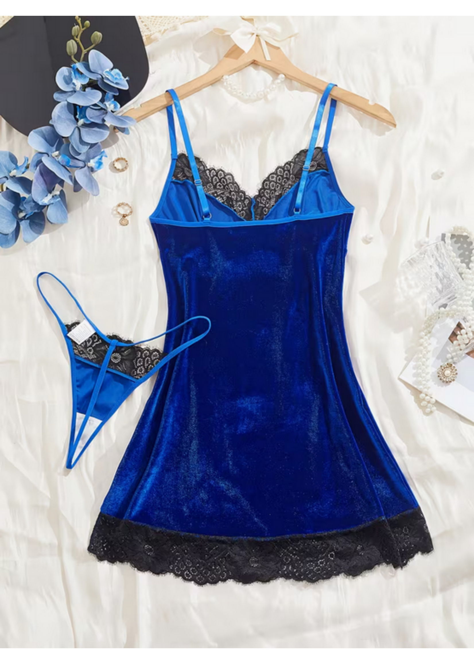Sexy Blue Velvet Slip Dress w/ Panties