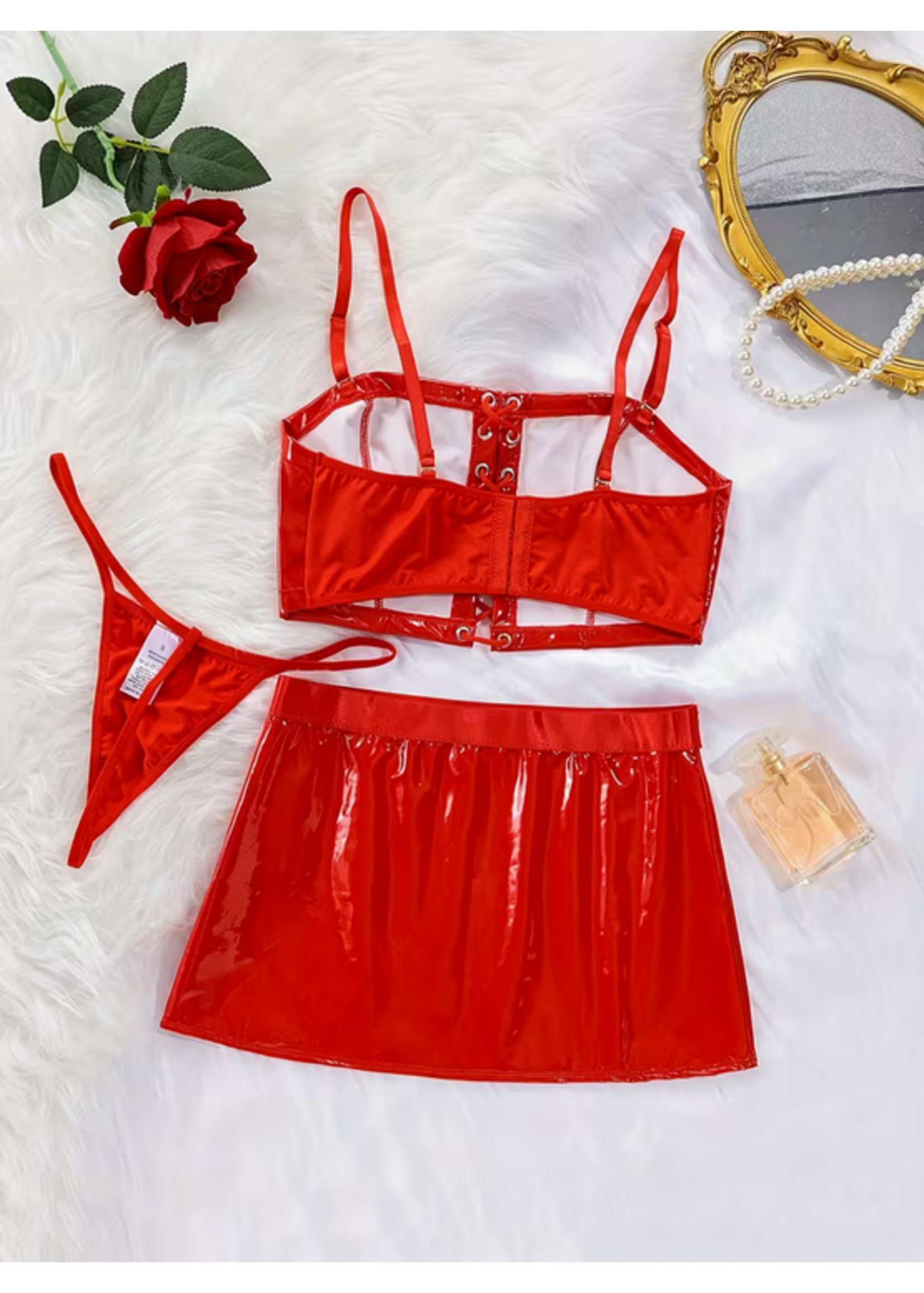 Hot Red Leather Look Poly Two Piece