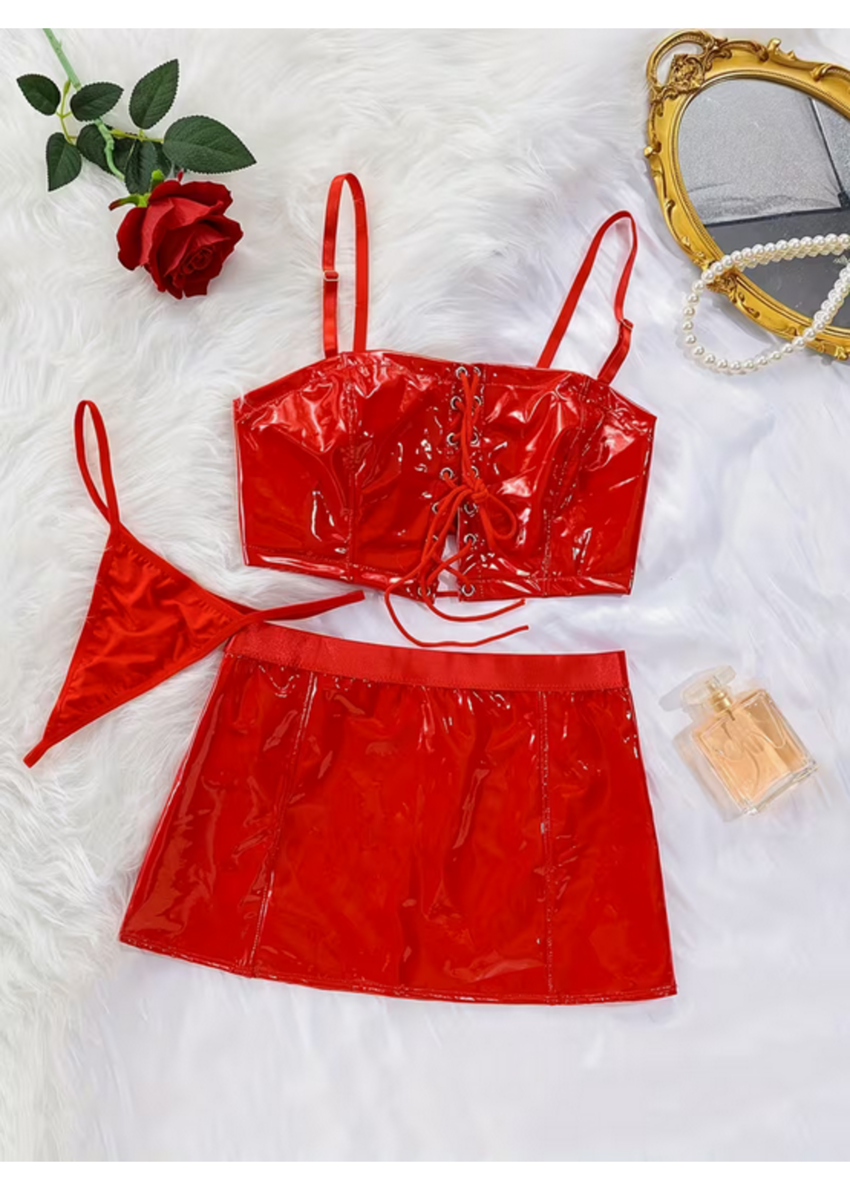 Hot Red Leather Look Poly Two Piece