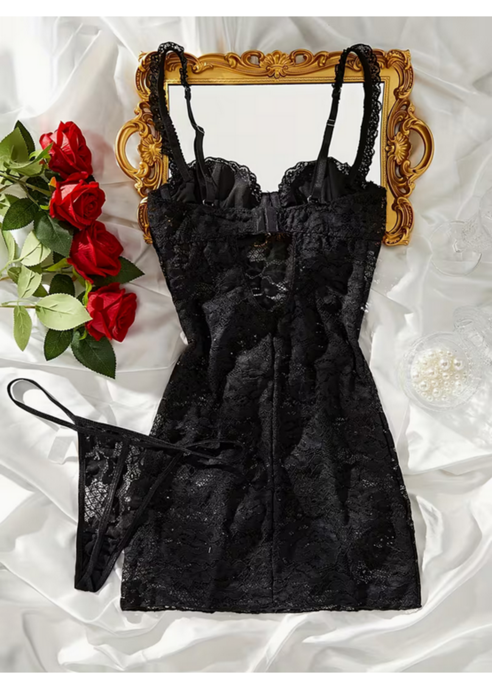 Black Semi Sheer Lace Night Dress