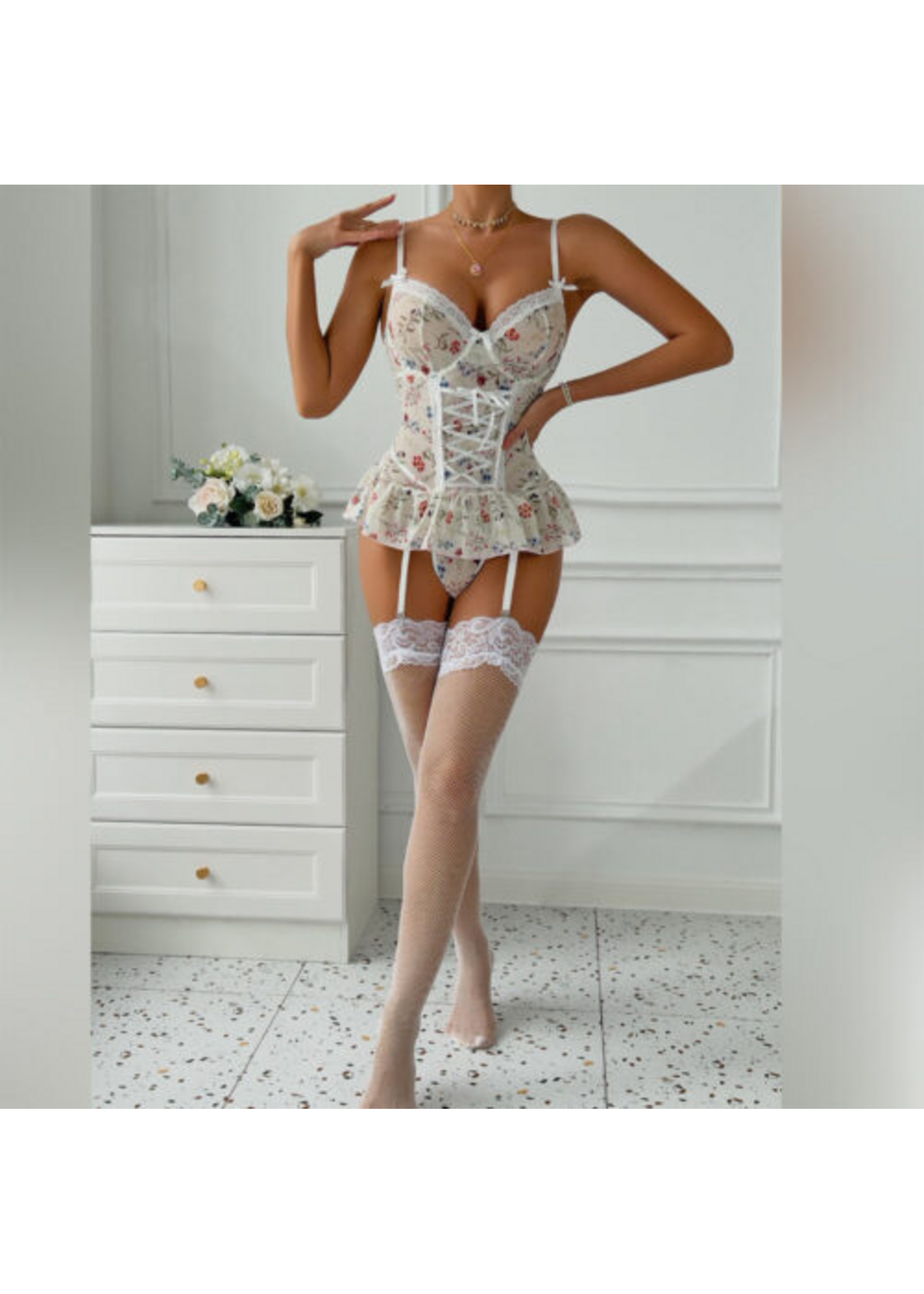 Simply Seductive – Corset Skirt Flower Print – White