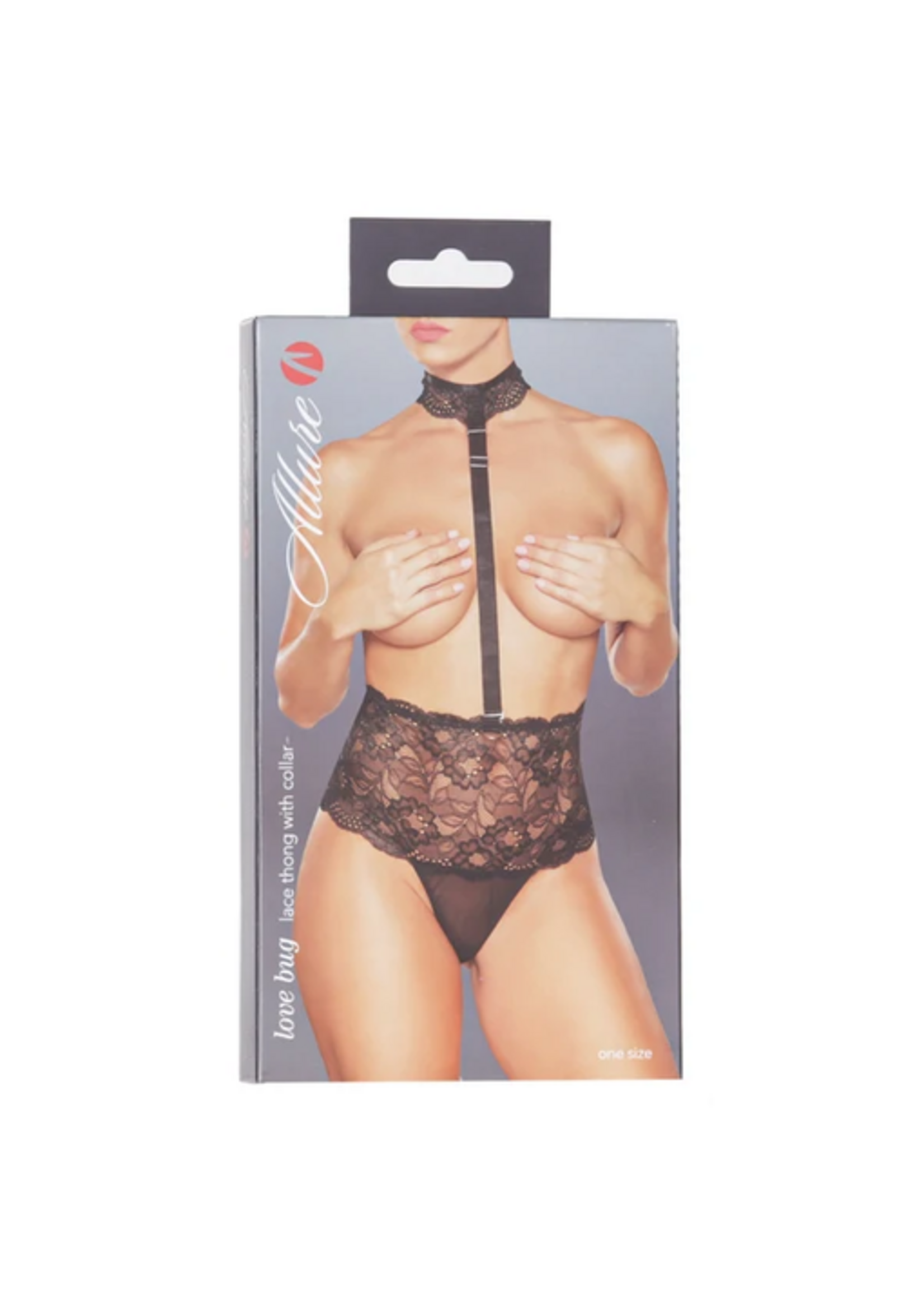 Allure Love Bug Lace Thong with Collar – Black