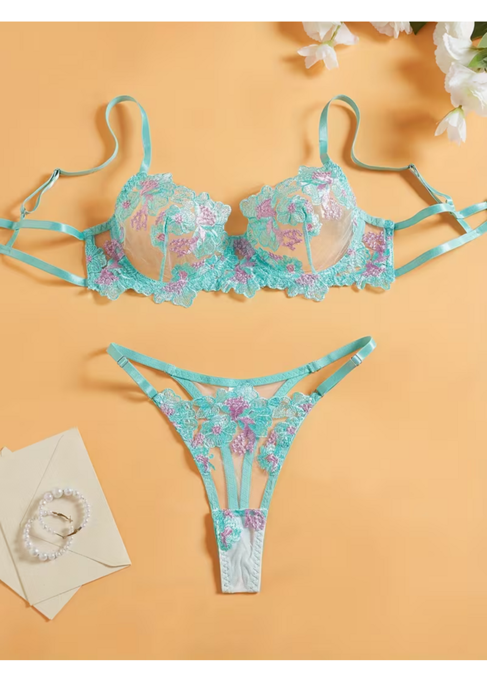 Teal Floral Bra Set