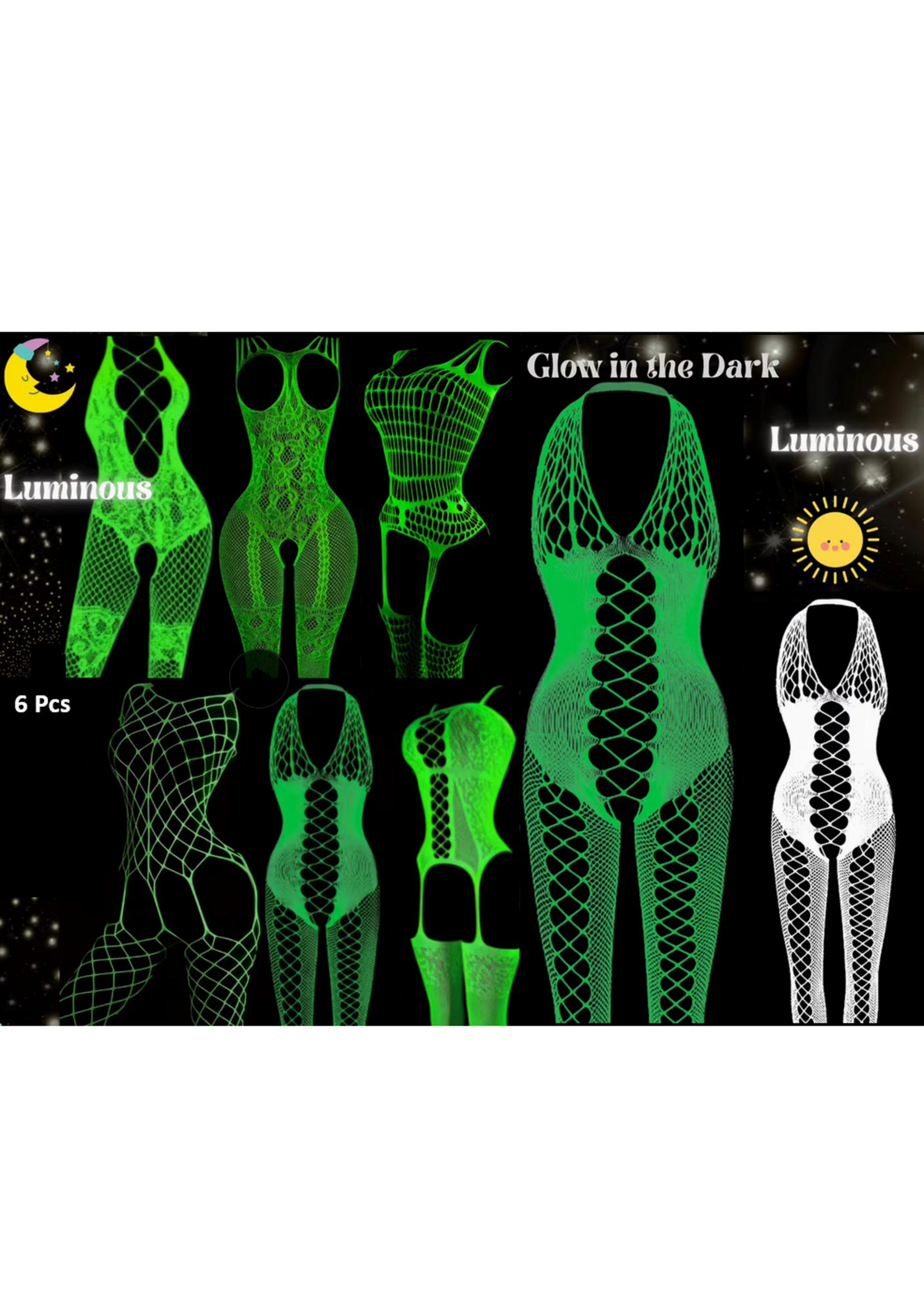 Luminous Glow in the Dark 6 peice set Fishnet/Bodystockings