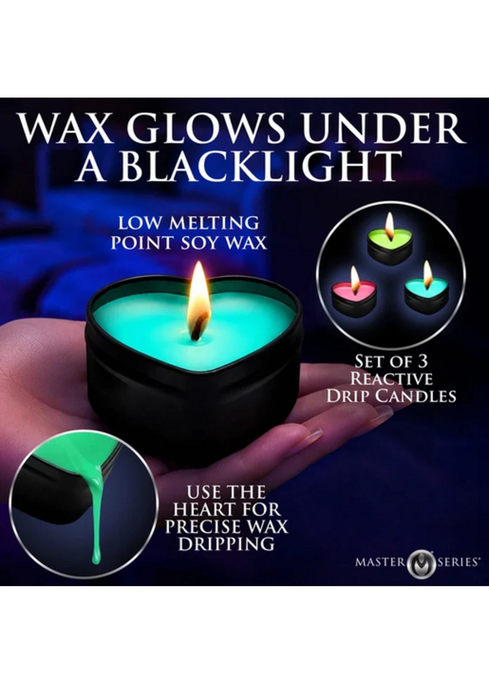 XR Burning Heart Blacklight Reactive Heart Drip Candle Set of 3