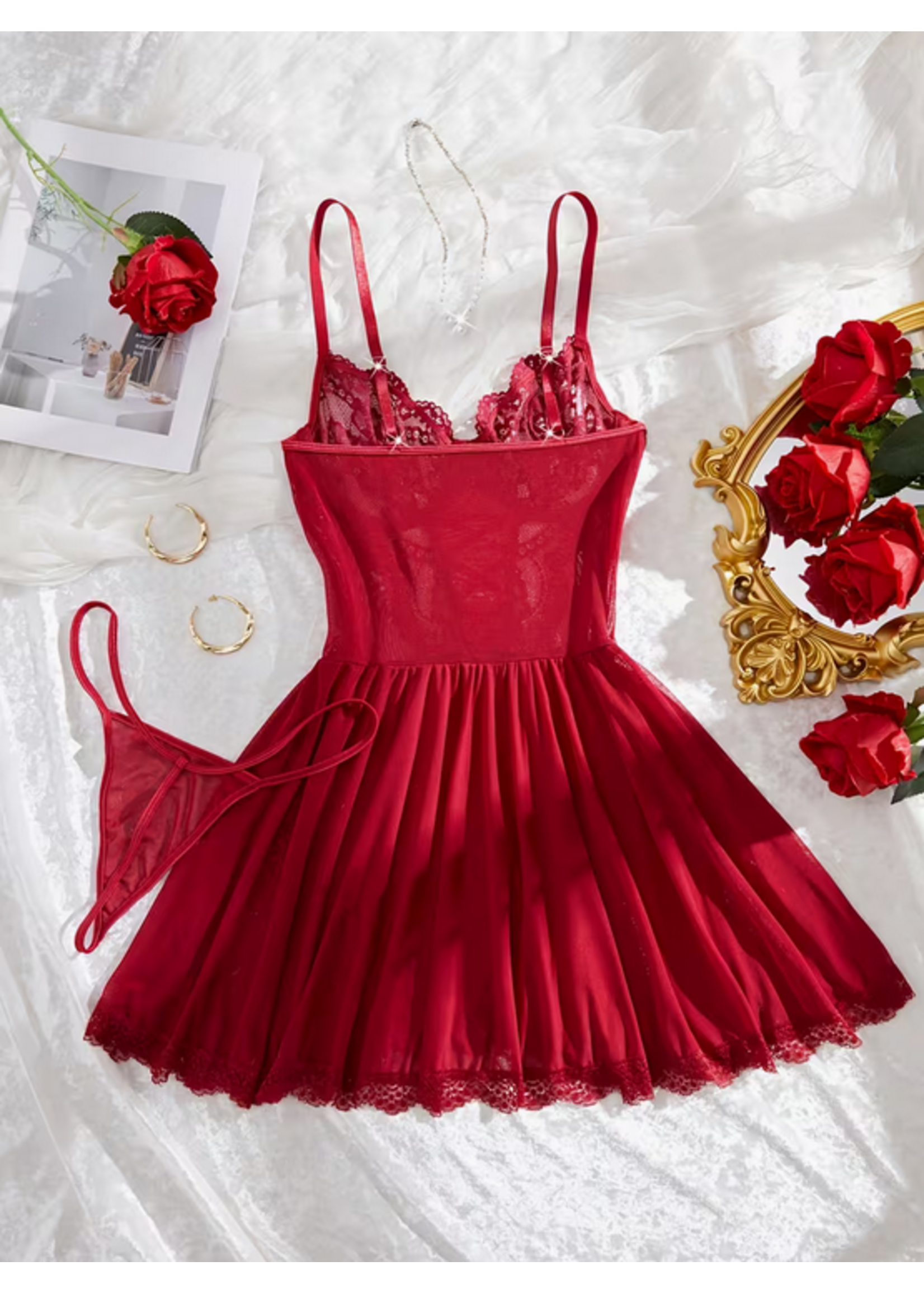 Deep Red Lace Nightdress w/ Panties