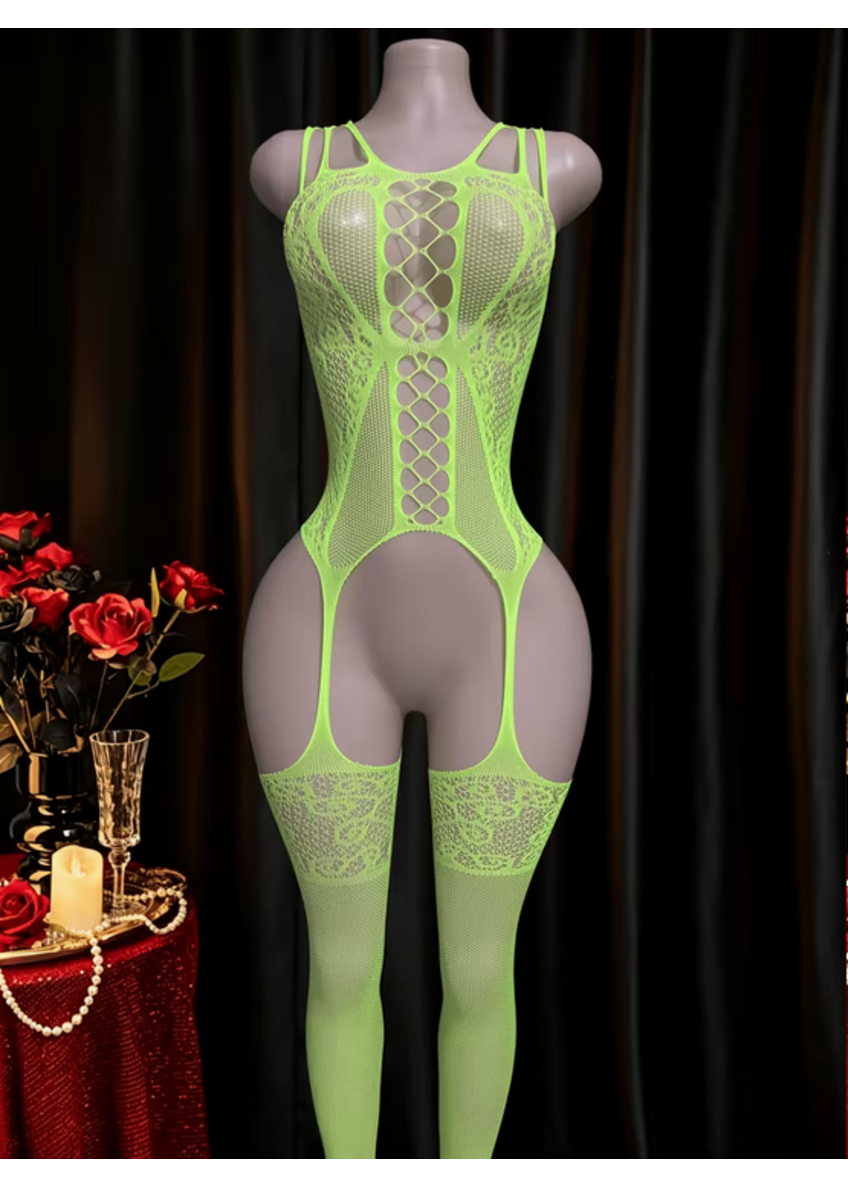 Neon Green Stretchy Crotchless Bodysuit