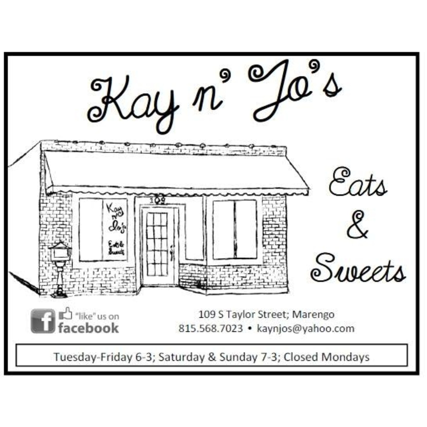 Kay ‘n’ Jo’s Eats and Sweets-Marengo Kay ‘n’ Jo’s Eats and Sweets-Marengo $7.00 Dining certificate