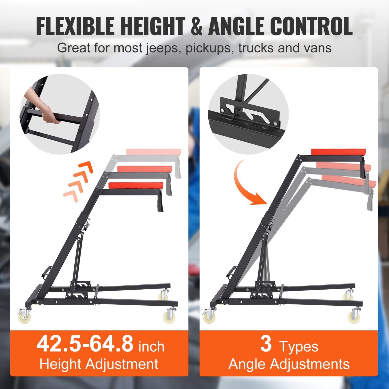 VEVOR VEVOR Automotive Topside Creeper, Engine Creeper 42.5"-64.8", 400 LBS Capacity High Top Creeper, 4 Swivel Caster Wheels, Padded Deck, Foldable Creeper for Home Garage, Workshop Repair Maintenance