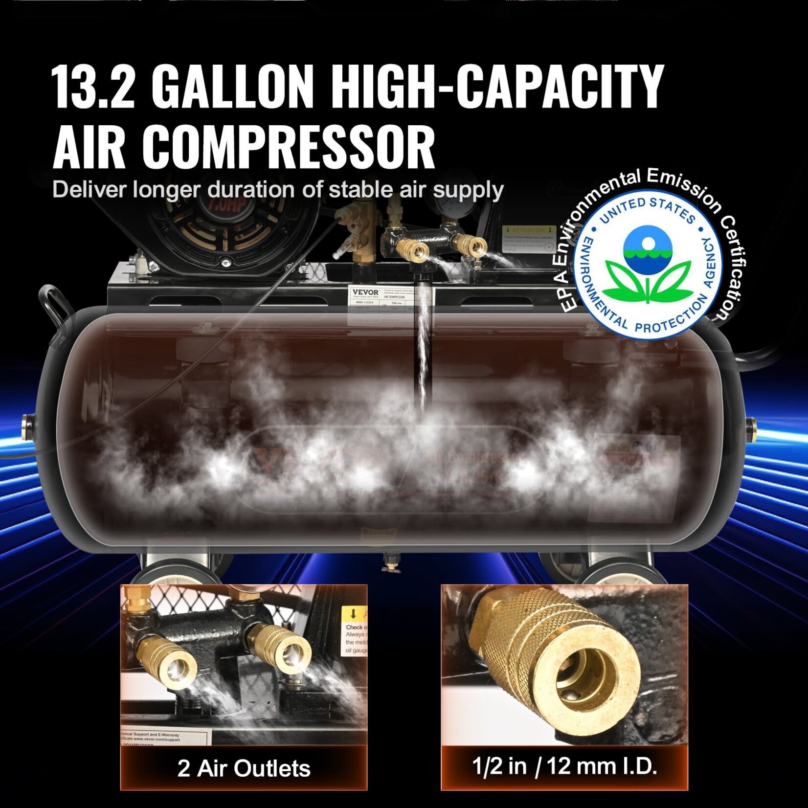 VEVOR VEVOR 7HP Gas Powered Air Compressor, 13.2 Gallon Horizontal Air Compressor Tank, 9CFM@115PSI Gas Driven Piston Pump Air Compressed System with 115PSI Max Pressure for Construction Sites Workshop