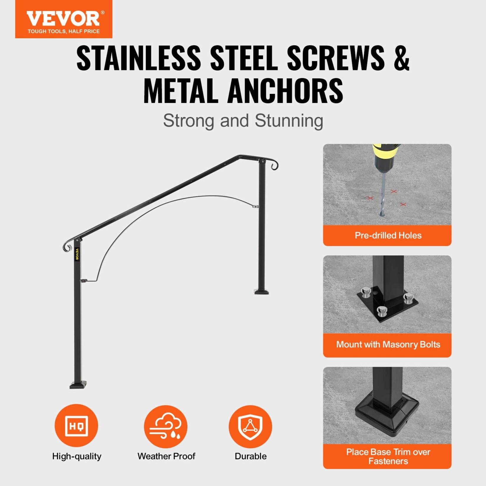 VEVOR VEVOR Handrails for Outdoor Steps, Fit 4 or 5 Steps Outdoor Stair Railing, Arch#4 Wrought Iron Handrail, Flexible Porch Railing, Black Transitional Handrails for Concrete Steps or Wooden Stairs